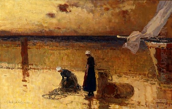 Fisherwomen at the seaside - Oystering III Oil Painting by Wladyslaw Wankie