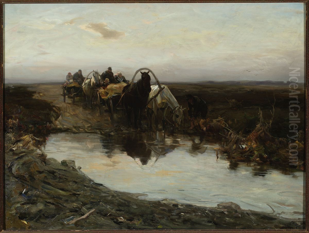 Peasant carts in front of a puddle Oil Painting by Alfred Wierusz-Kowalski