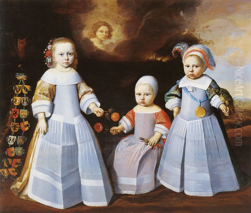 Portrait of three children from the Tjarda van Starkenborgh family Oil Painting by Jan de Stomme