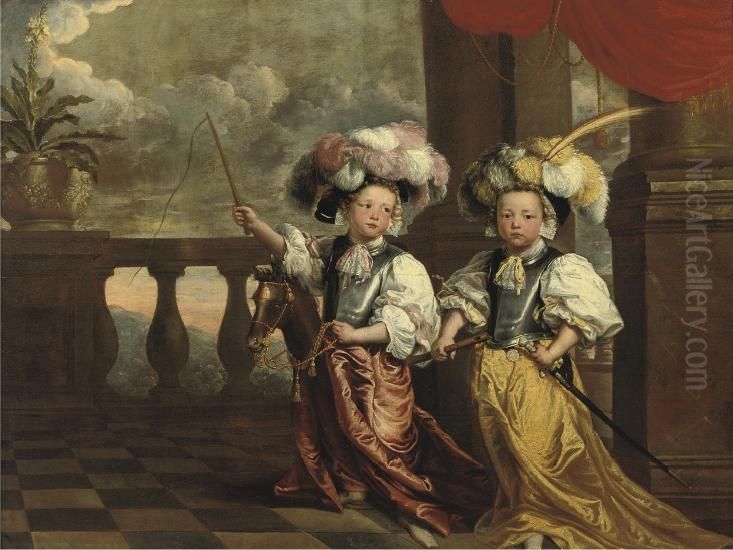 Portrait of two unknown boys dressed up as knights Oil Painting by Johanna Vergouwen