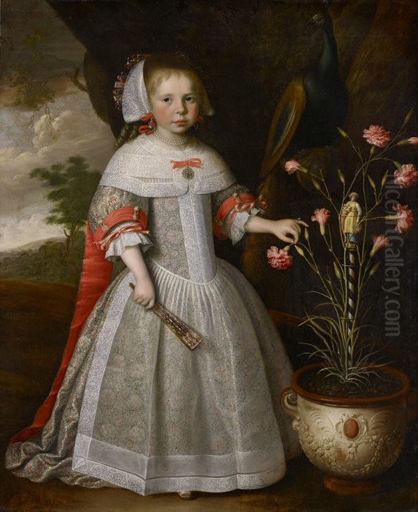 A Four-year-old Girl with a Pot of Carnations Oil Painting by Jan Albertsz Rotius