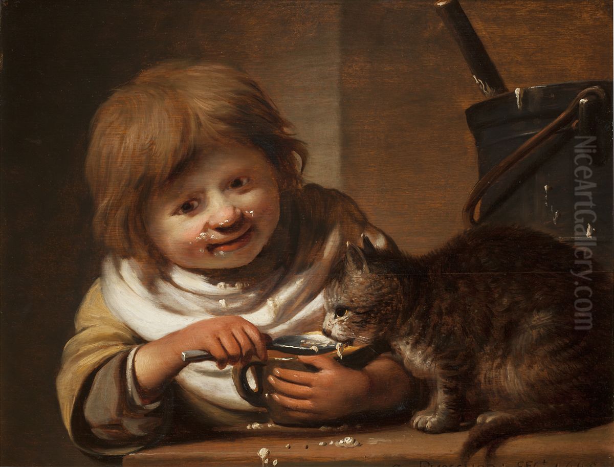 Boy feeding his Cat Oil Painting by Cornelis Bisschop