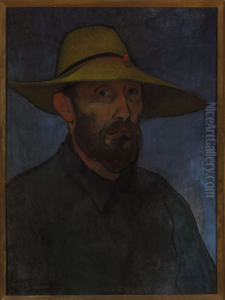 Self-portrait in a straw hat Oil Painting by Wladyslaw Slewinski