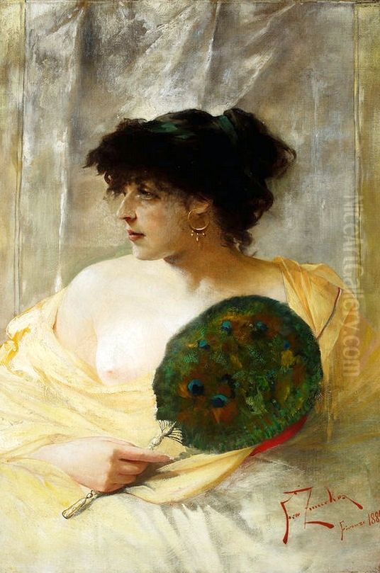 Portrait of a woman with a folded fan Oil Painting by Franciszek Zmurko
