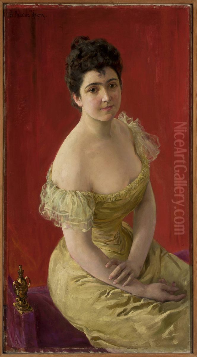 Portrait of a lady Oil Painting by Jozef Mecina-Krzesz