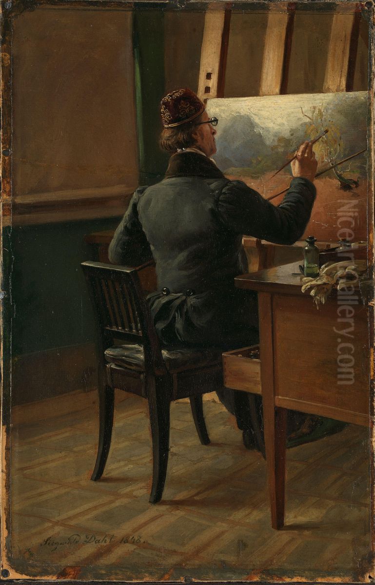 The Painter J.C. Dahl at his Easel Oil Painting by Johann Siegwald Dahl