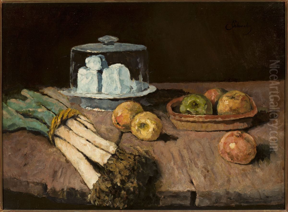 Stilleben mit Porreebundel, Kaseglocke und Apfeln Oil Painting by Carl Schuch