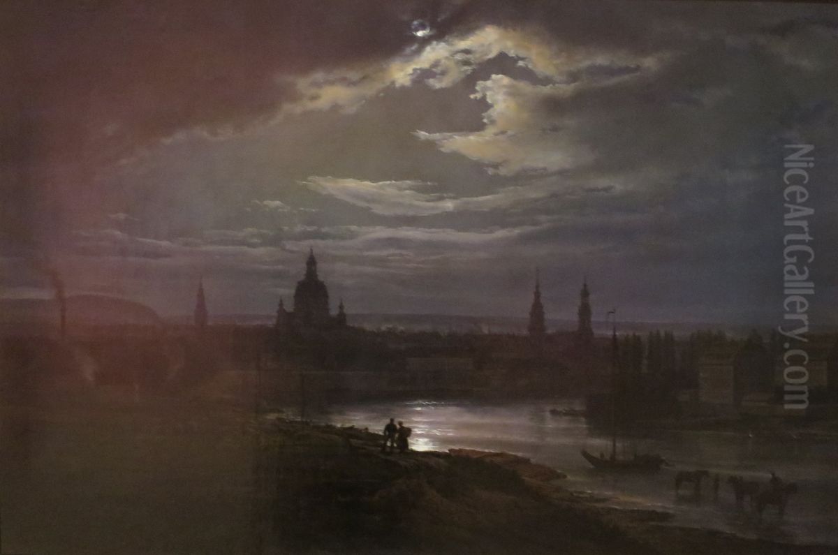 Dresden by Moonlight Oil Painting by Johan Wilhelm Ludwig Dahl
