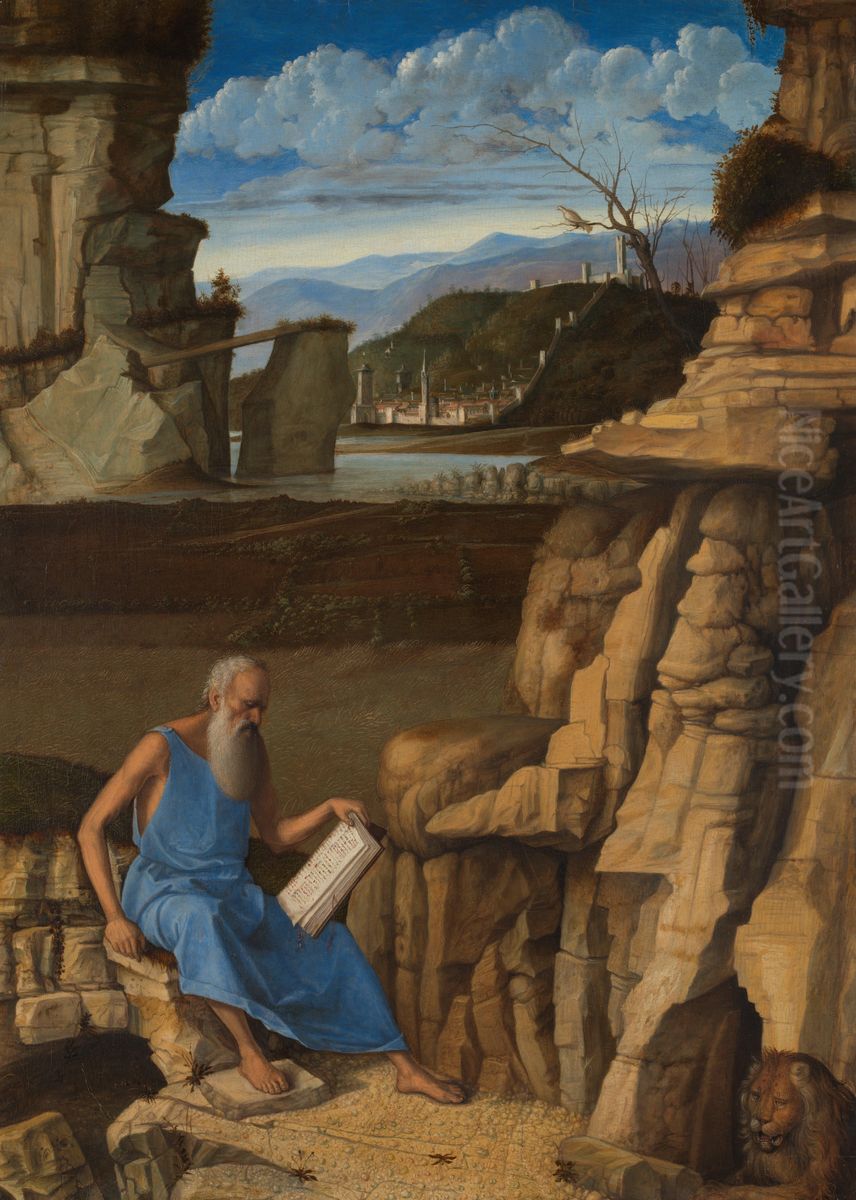 Saint Jerome reading in a Landscape Oil Painting by Giovanni Bellini