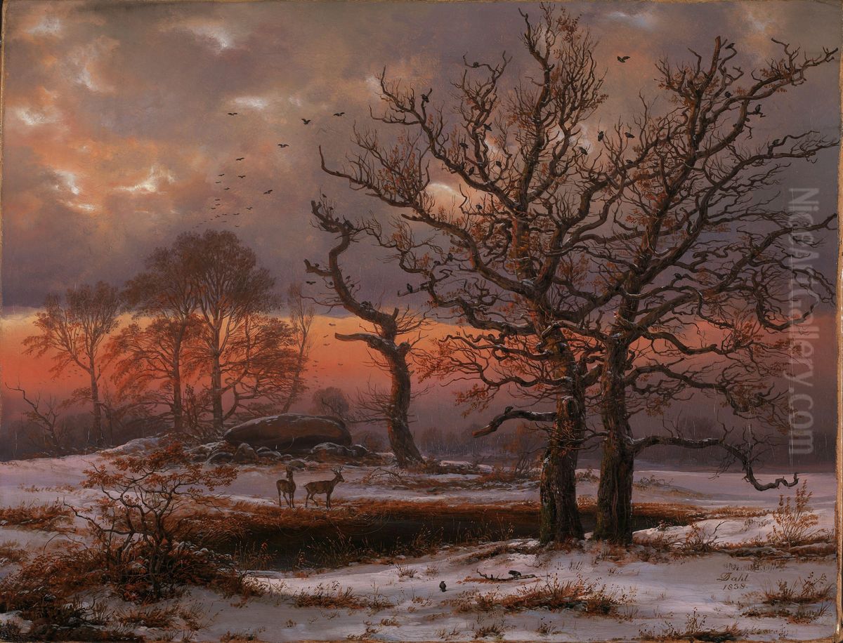 Danish Winter Landscape with Dolmen Oil Painting by Johan Wilhelm Ludwig Dahl