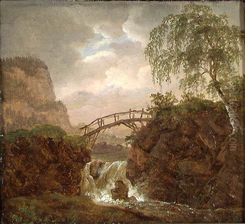 Nordic Landscape with a Wooden Bridge Oil Painting by Johan Wilhelm Ludwig Dahl