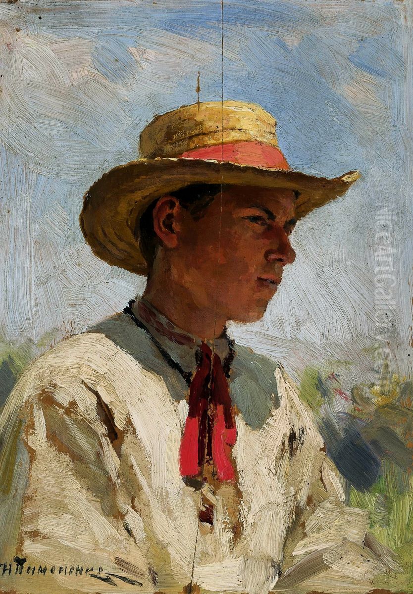 Study of a young boy in a straw hat Oil Painting by Mykola Pymonenko