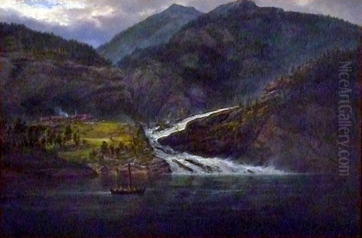 View of the Tyssefoss in Bolstadfjord Oil Painting by Johan Wilhelm Ludwig Dahl