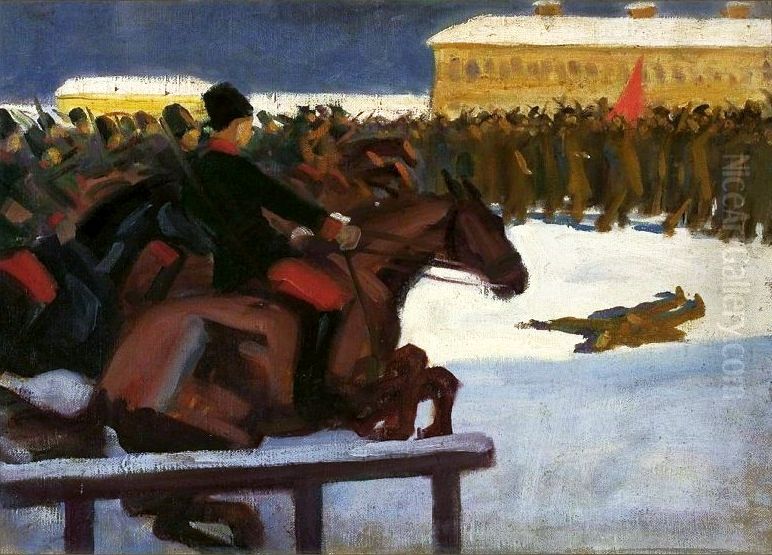 Street demonstration in 1905 Oil Painting by Wladyslaw Skoczylas