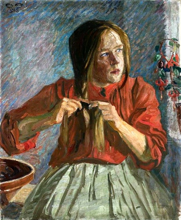 Girl making a braid Oil Painting by Ludwik Misky