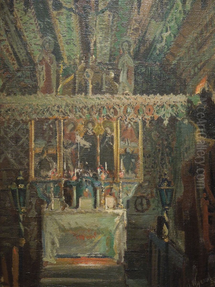 Interior of the church in Debno Oil Painting by Leon Wyczolkowski