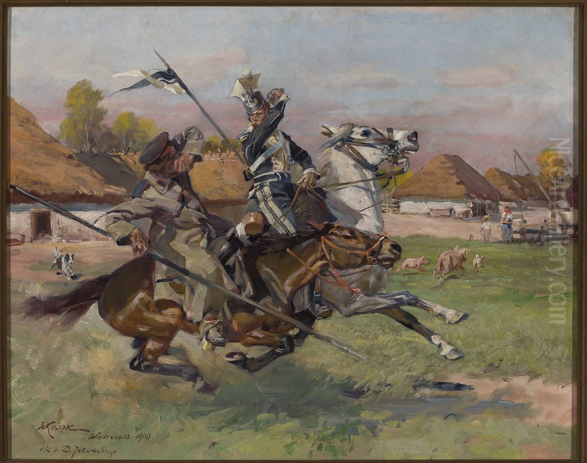 Uhlan fighting a Cossack Oil Painting by Wojciech Kossak