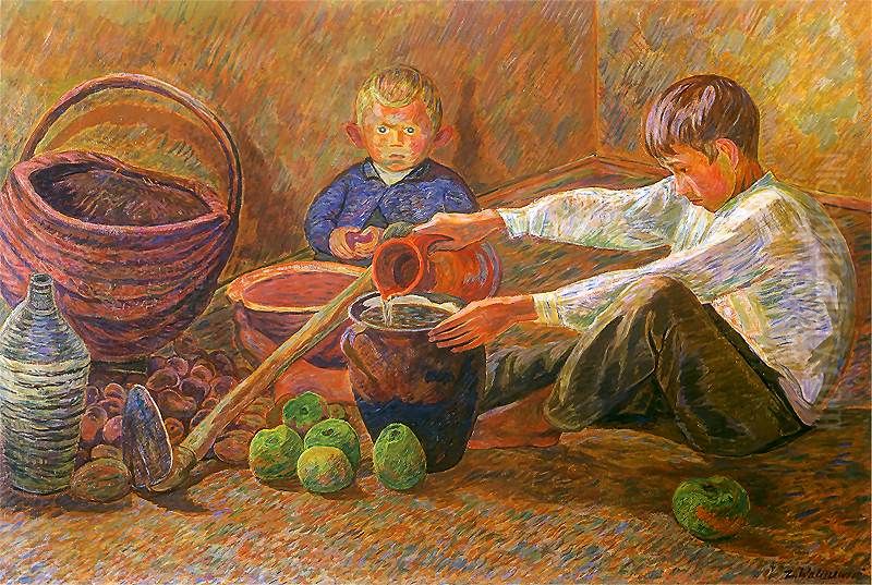 Boys pouring water Oil Painting by Zygmunt Waliszewski