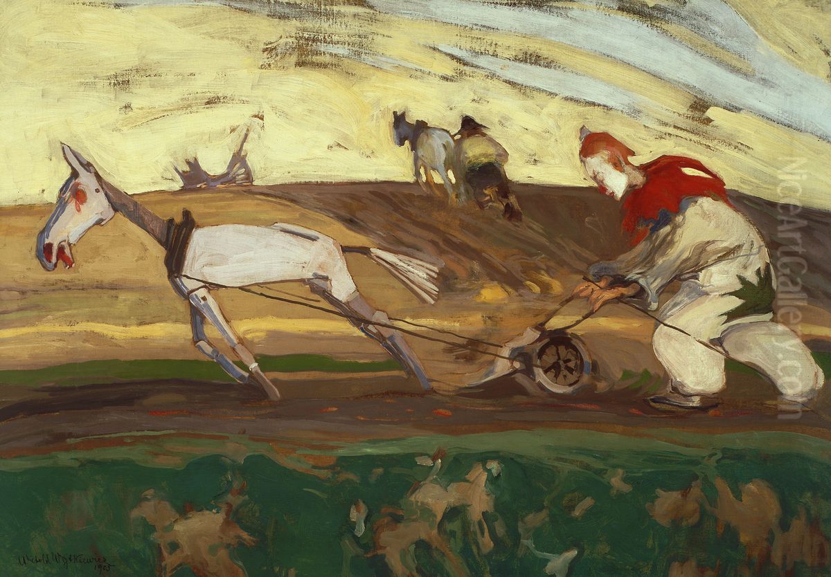Ploughing Oil Painting by Witold Wojtkiewicz