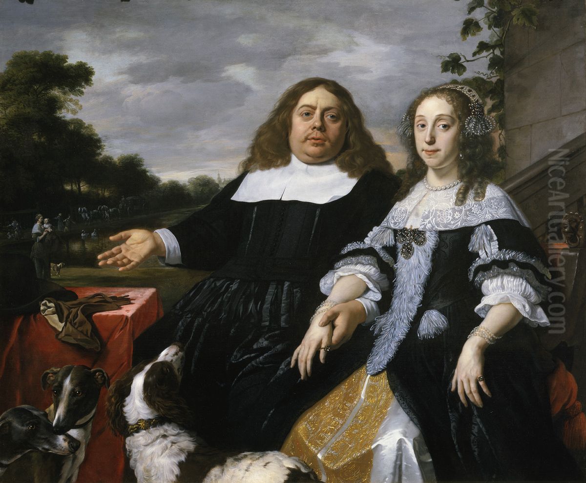 Double portrait of Jan Jacobsz. Hinlopen (  -1666) and Lucia Wijbrants (1638-1719) Oil Painting by Bartholomeus Van Der Helst