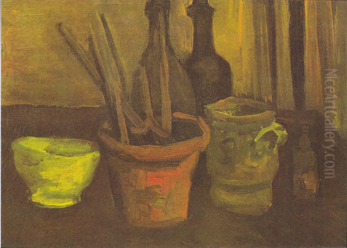 Still life with brushes in a flowerpot Oil Painting by Vincent Van Gogh