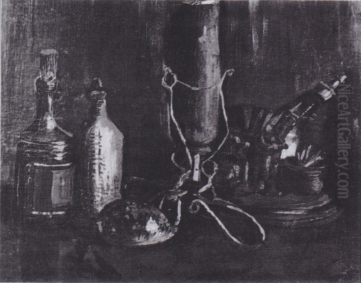 Still life with bottles, vase and shell Oil Painting by Vincent Van Gogh
