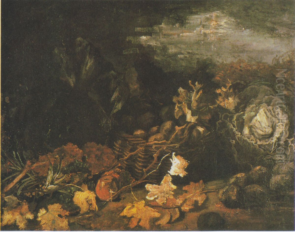 Stillleben mit Kohlkopfen, Kartoffelkorb und Blattern Oil Painting by Vincent Van Gogh