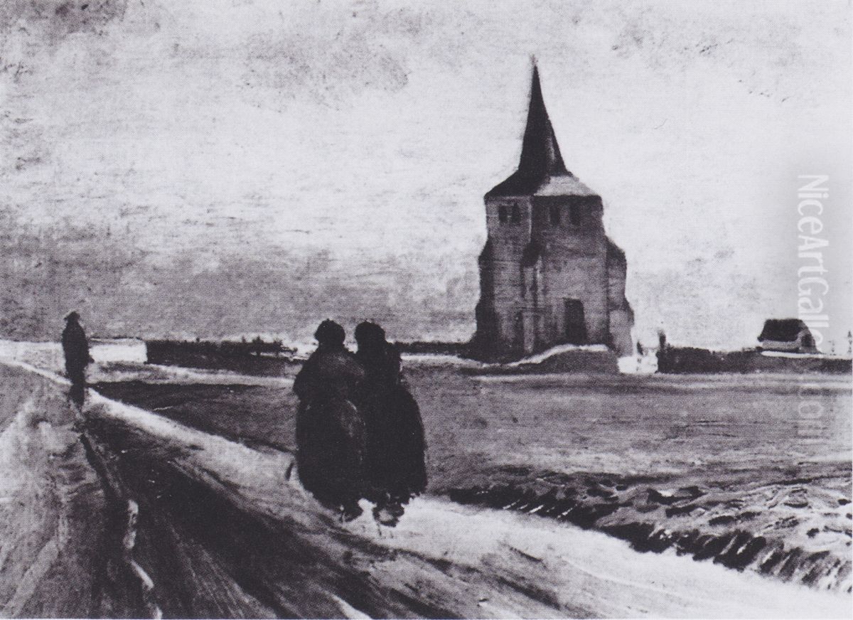 Der alte Friedhofsturm in Nuenen mit drei Figuren Oil Painting by Vincent Van Gogh