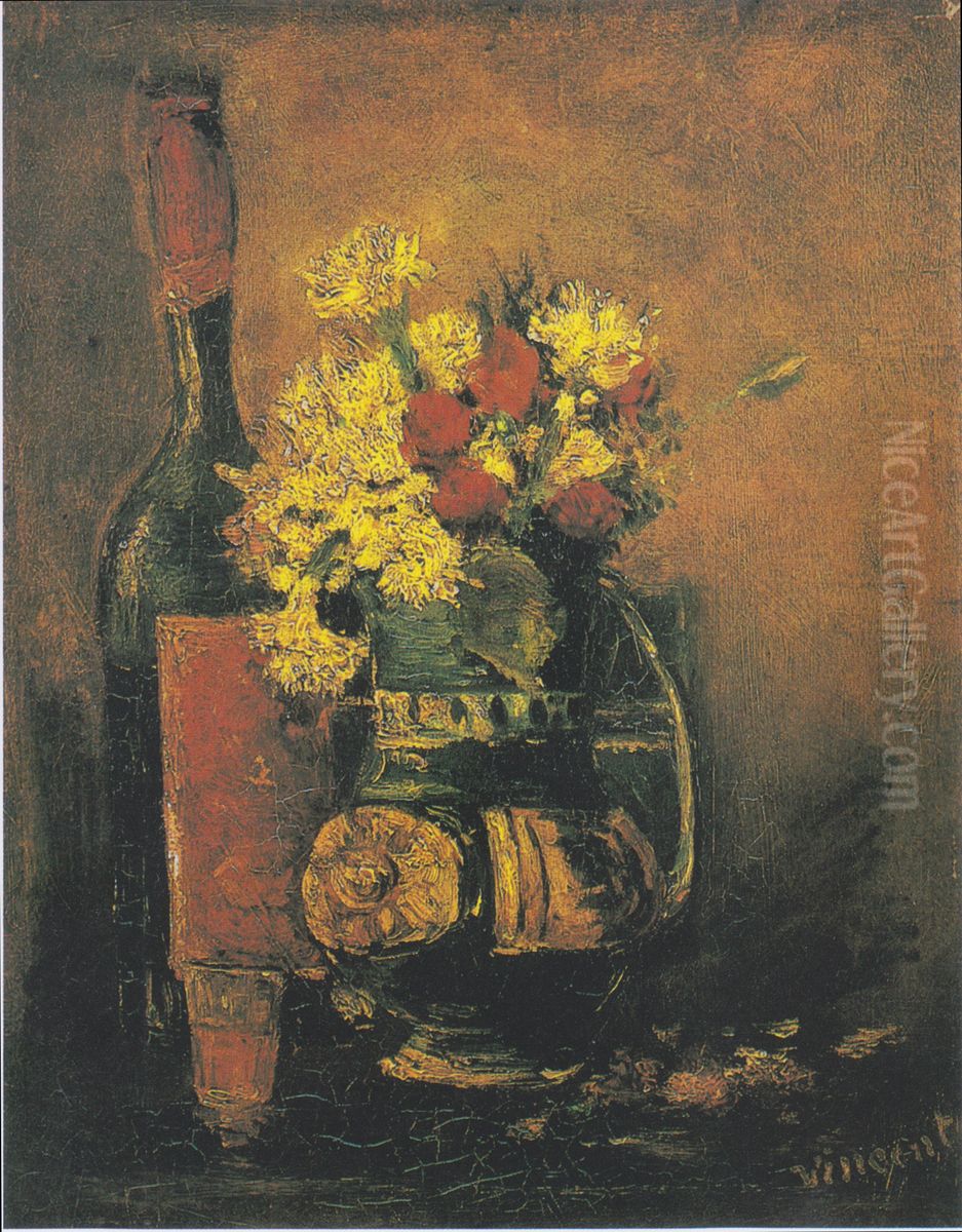 Vase mit weissen Nelken und Roschen und Flasche Oil Painting by Vincent Van Gogh