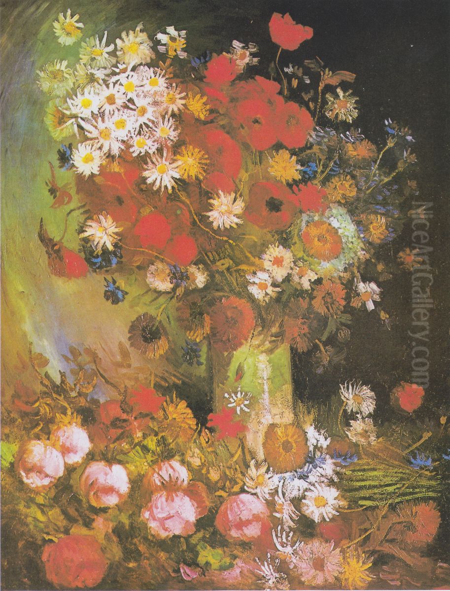 Vase mit Mohn- und Kornblumen, Pfingstrosen und Chrysanthemen Oil Painting by Vincent Van Gogh