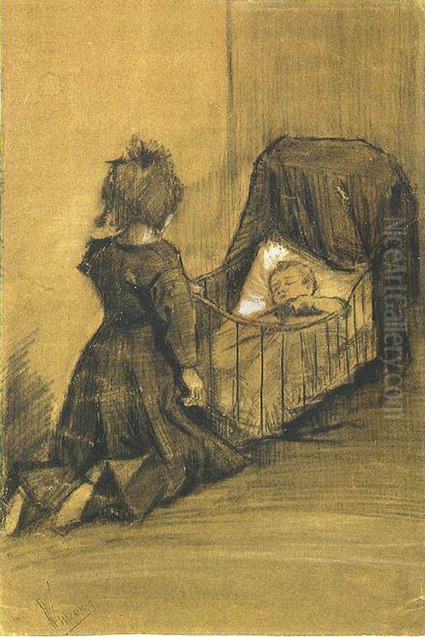 Girl Kneeling by a Cradle Oil Painting by Vincent Van Gogh
