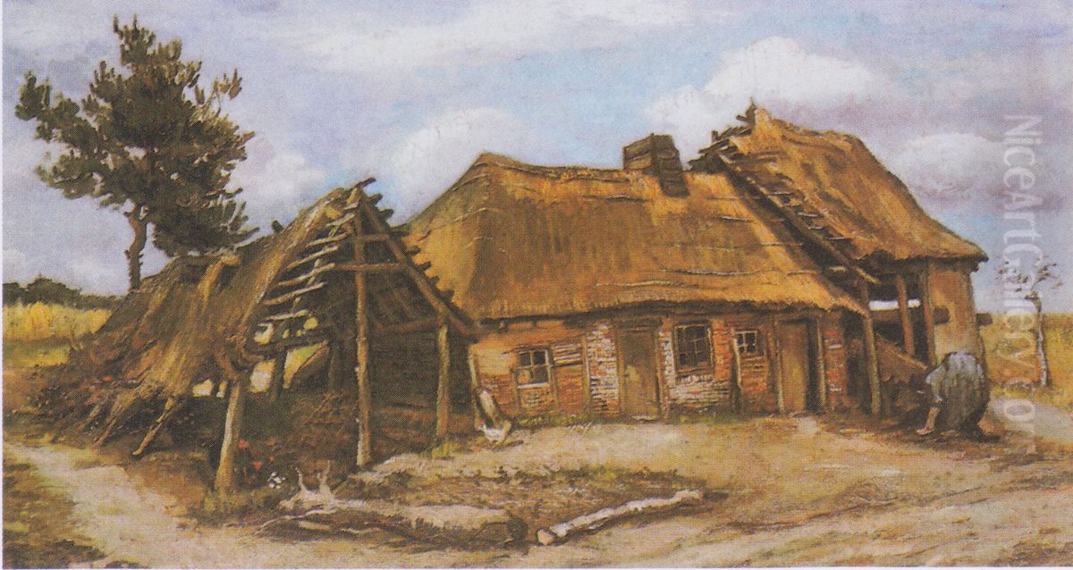 Bauernhaus mit gebuckter Bauerin in blauem Kleid Oil Painting by Vincent Van Gogh