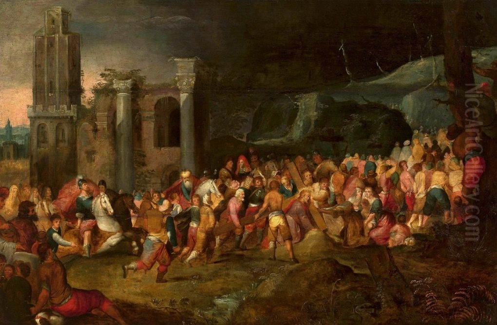 Christ carrying the cross with St. Veronica and ancient ruins Oil Painting by Adriaen Van Stalbemt