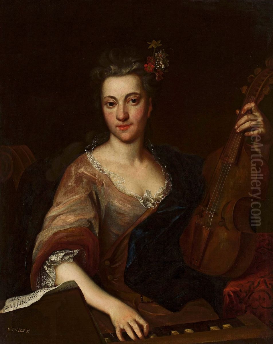 Portrait of a woman with a viola d'amore (Maria Helena Sabina Imhoff?) Oil Painting by Jan Kupecky