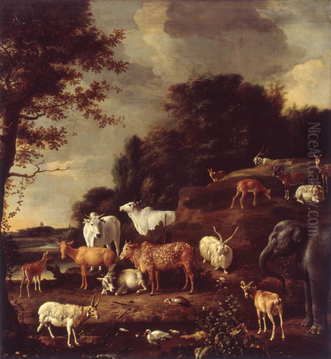 Landscape with Exotic Animals Oil Painting by Melchior D'Hondecoeter