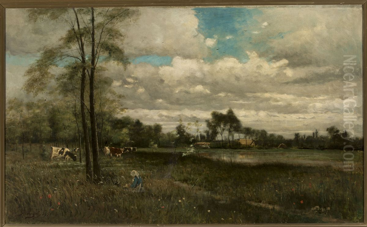 Meadow with grazing cattle Oil Painting by Bela Spanyi