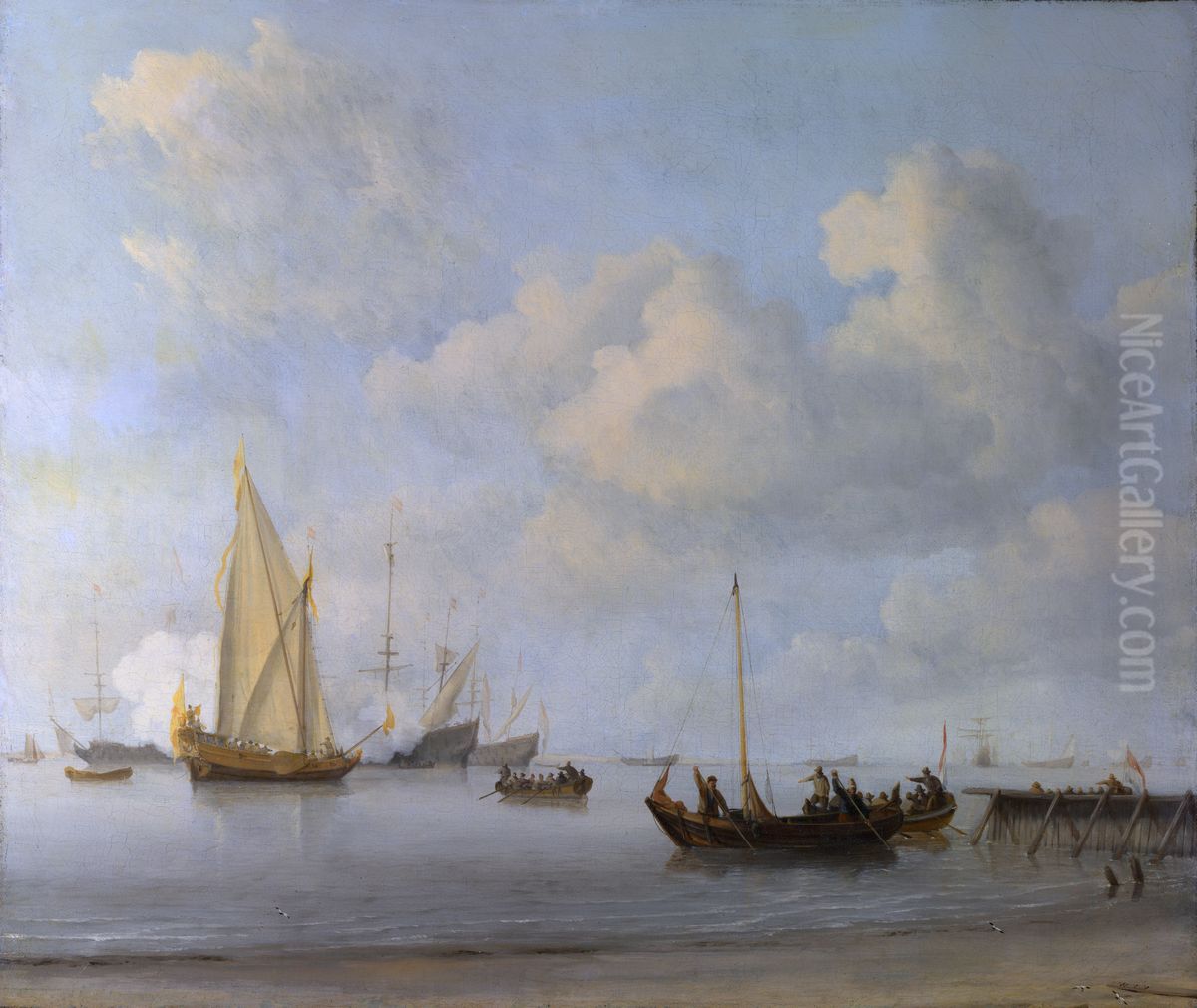 Boats pulling out to a Yacht in a Calm Oil Painting by Willem van de Velde the Younger