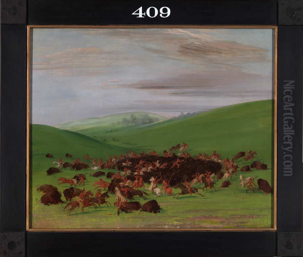 Buffalo Chase, A Surround By The Hidatsa Oil Painting by George Catlin