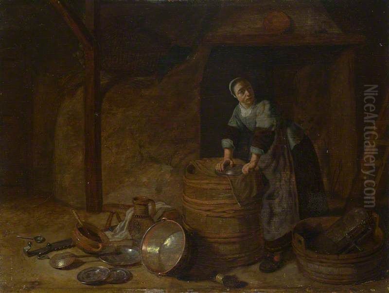 A Woman scouring a Pot Oil Painting by Pieter Van Den Bosch