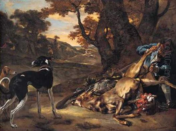 A Huntsman cutting up a Dead Deer, with Two Deerhounds Oil Painting by Jan Baptist Weenix