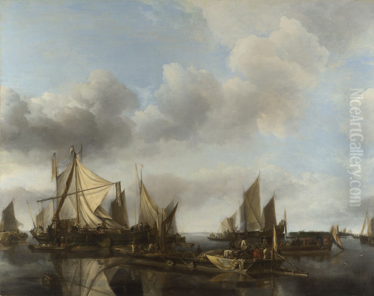 A River Scene with a Large Ferry Oil Painting by Jan Van De Cappelle