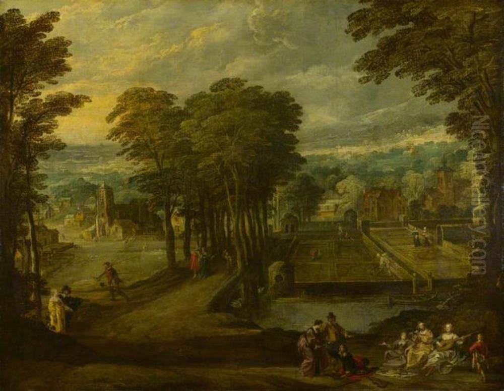 A Music Party before a Village Oil Painting by Joos de Momper the Younger