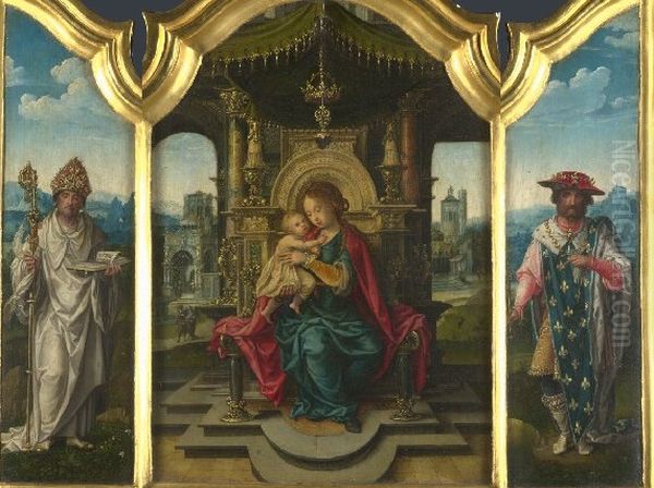 Triptych:Virgin and Child,a Bishop-Saint, andSaint Louis Oil Painting by Pieter Coecke Van Aelst