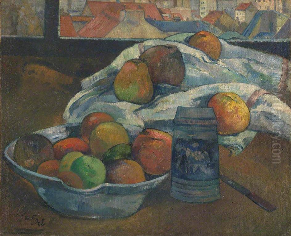 Bowl of Fruit and Tankard Before a Window Oil Painting by Paul Gauguin