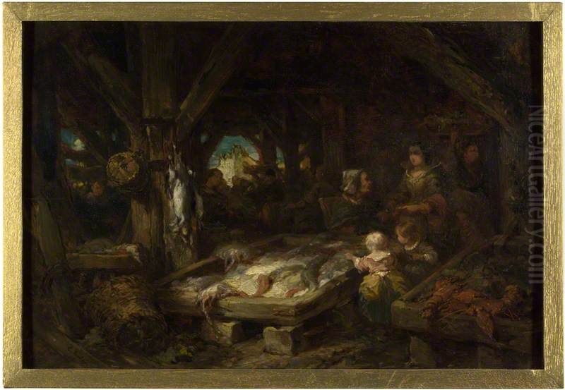 The Fish Market, Dieppe Oil Painting by Eugene Isabey