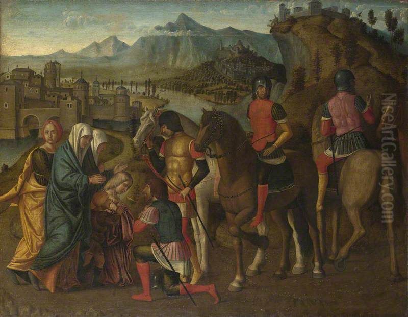 Coriolanus persuaded by his Family to spare Rome Oil Painting by Michele Da Verona