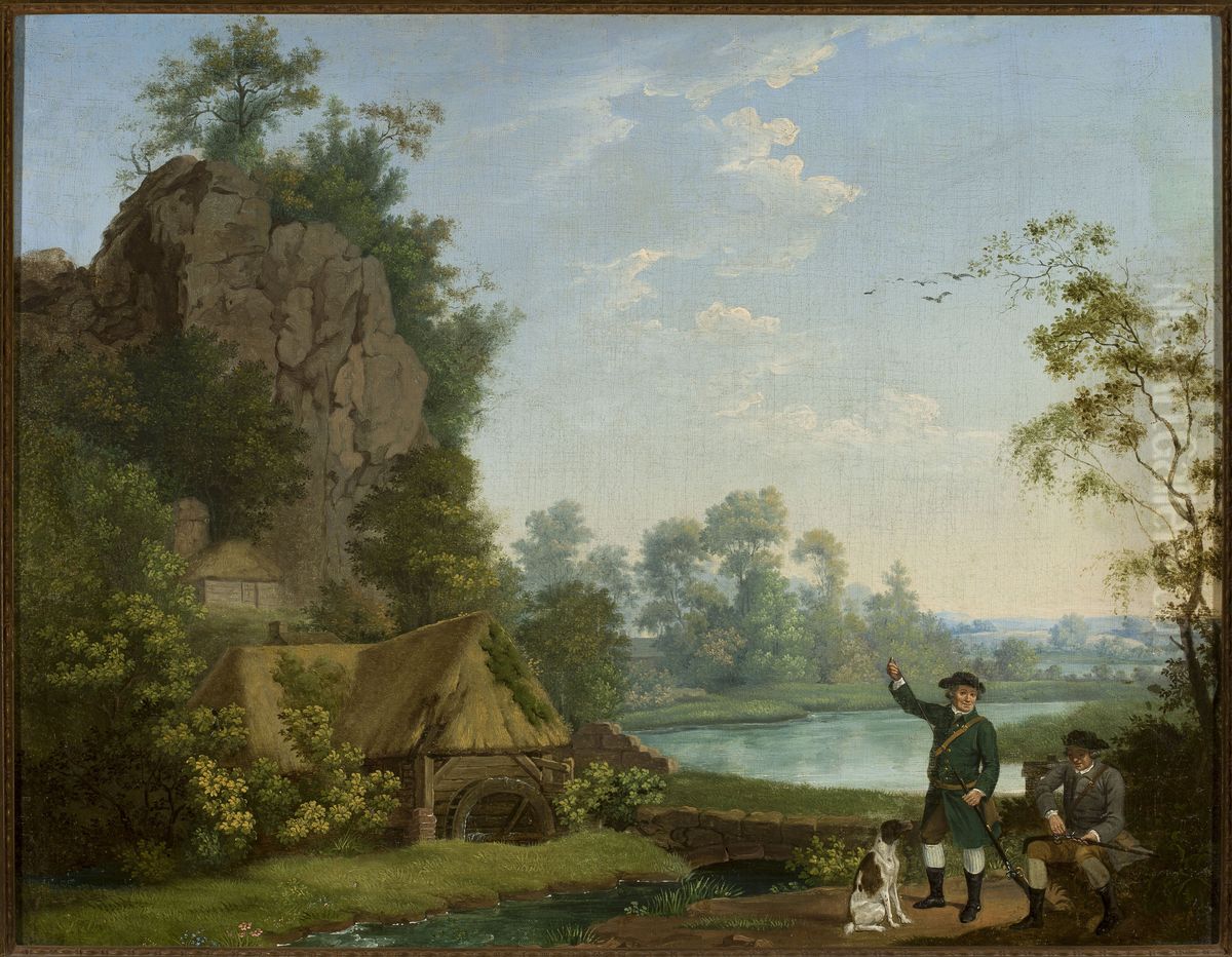 Two gentlemen going a shooting, with a view of Creswell Crags Oil Painting by George Stubbs