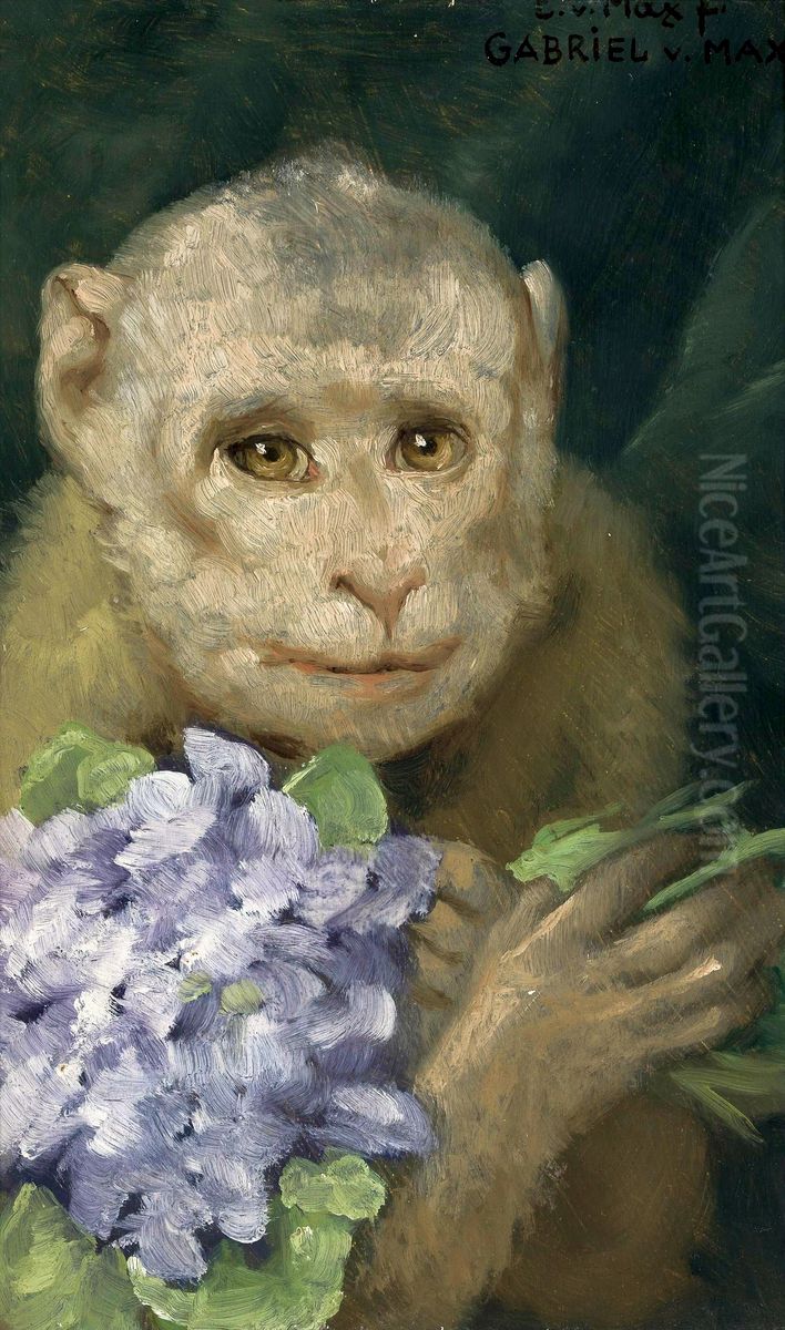 Monkey with a bouquet of violets Oil Painting by Gabriel von Max