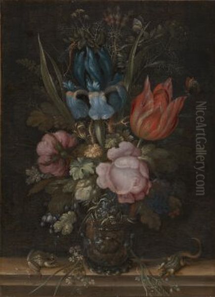 Flowers in a Glass Oil Painting by Roelant Savery