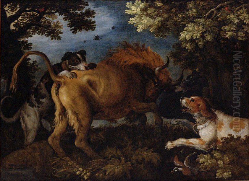 Bison attacked by three dogs Oil Painting by Roelant Savery